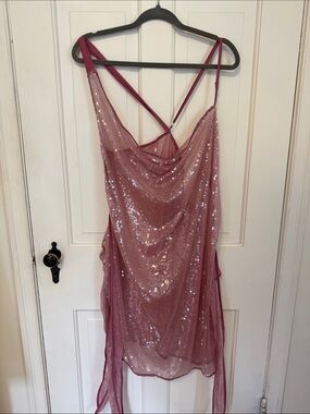 SHEER Sequined Dusty Rose Slip Dress with Waist Tie attached